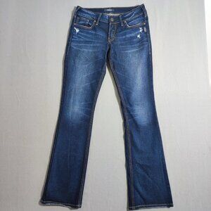 Silver Jeans women's sz W28 (30)/L33 ink blue colour Elyse slim Boot distressed